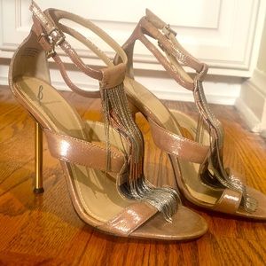 Brian Atwood Champaign color Heels with silver, rose gold, gunmetal fringe.